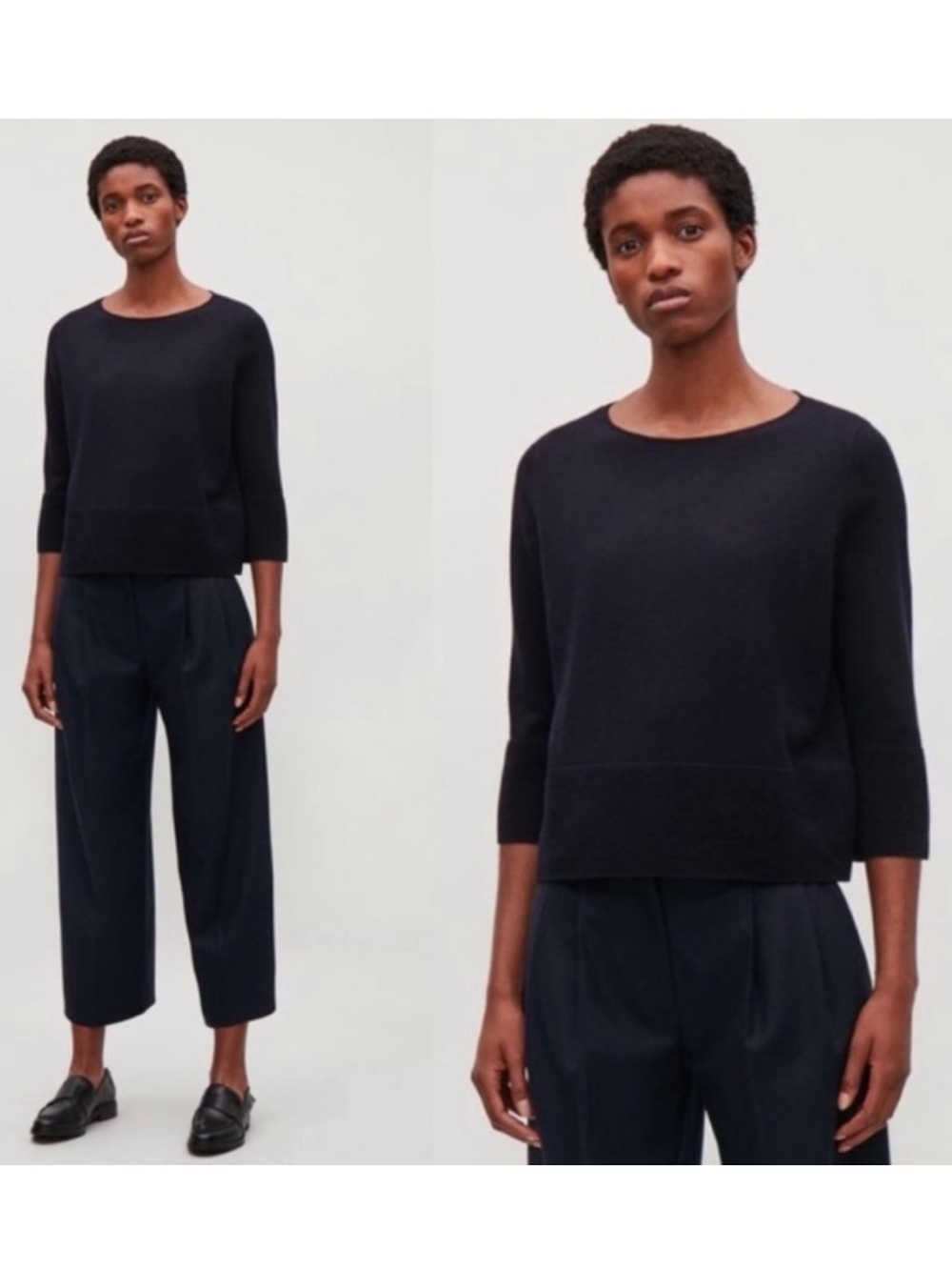 COS Wool Cropped Ribbed Hem 3/4 Sleeve Jumper Sweater Black Like New Extra Small